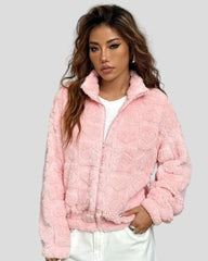 Pink plush jacket with heart structure and zipper