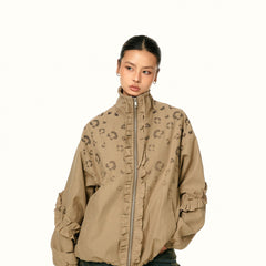Khaki bomber jacket with leopard print and ruffle details