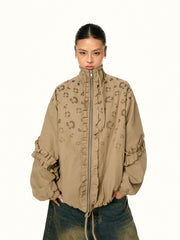 Khaki bomber jacket with leopard print and ruffle details