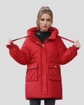 Long padded jacket with hood and pockets