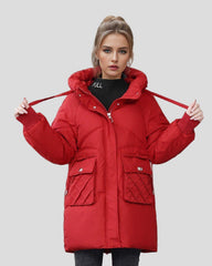 Long padded jacket with hood and pockets