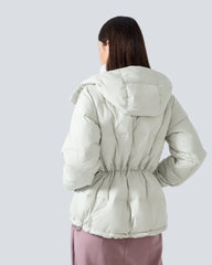 Short padded jacket with hood and high collar