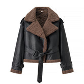 Black winter jacket with fluffy brown collar and belt