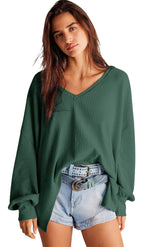 V-neck waffled oversized long-sleeved top