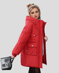 Long padded jacket with hood and pockets