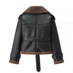 Black winter jacket with fluffy brown collar and belt