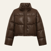 Short puffer jacket with high collar and hidden button closure