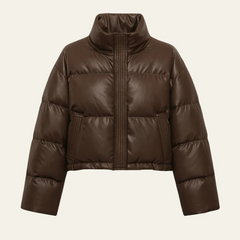 Short puffer jacket with high collar and hidden button closure