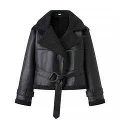 Black winter jacket with fluffy brown collar and belt