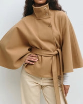Cape coat with belt and high collar