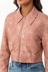 Cropped jacket with zipper and highlighted collar