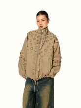 Khaki bomber jacket with leopard print and ruffle details