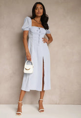 Puff Sleeve Midi Dress with Slit