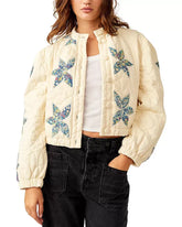 Cream quilted jacket with floral patchwork - short model