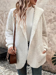 White long, structured cardigan with pockets