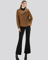 Camel brown collarless jacket with knot closure