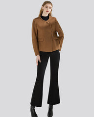 Camel brown collarless jacket with knot closure