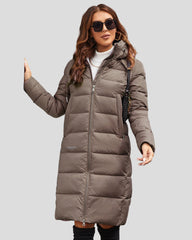 Long padded jacket with hood and zip pockets