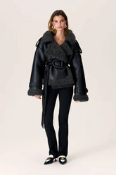 Black winter jacket with belt and graphite Gray contrast trim