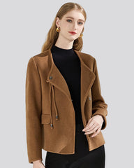 Camel brown collarless jacket with knot closure