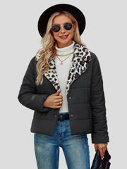 Black short puffer jacket with leopard collar