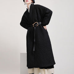 Black quilted wrap coat with belt