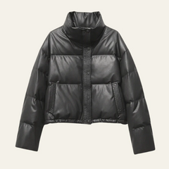Short puffer jacket with high collar and hidden button closure