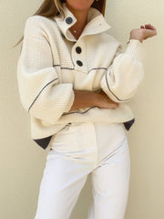 Cream striped sweater with button collar