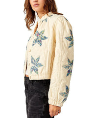 Cream quilted jacket with floral patchwork - short model