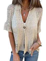 Open-knit cardigan with short sleeves and button