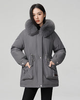 Puffer parka with fluffy collar and adjustable waist