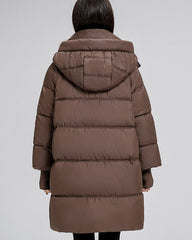 Long padded jacket with hood and pockets