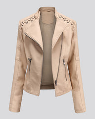 Biker jacket with laced shoulders and asymmetrical zipper