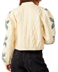 Cream quilted jacket with floral patchwork - short model