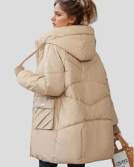 Long padded jacket with hood and pockets