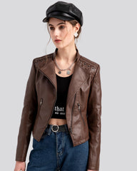 Biker jacket with laced shoulders and asymmetrical zipper