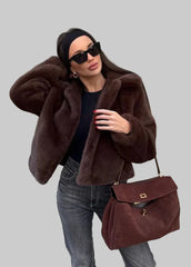 Brown fluffy short jacket with wide collar