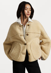 Cream fuzzy short jacket with large pockets