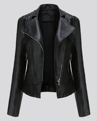 Biker jacket with laced shoulders and asymmetrical zipper