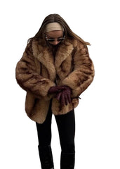 Brown luxurious coat with wide collar