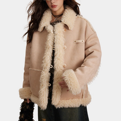Beige buttoned jacket with cream-white fluff trim