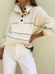 Cream striped sweater with button collar
