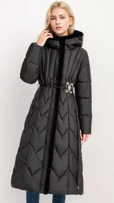 Long padded coat with belt and hood