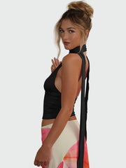 Halterneck top with deep v-neck and scarf band