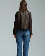 Dark brown collarless jacket with patch pockets