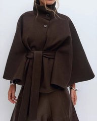 Cape coat with belt and high collar