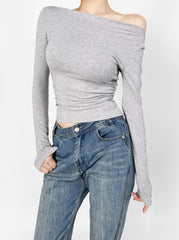 Asymmetrical off-shoulder long-sleeved top with ruched detail