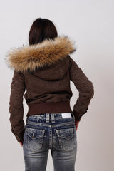 Dark brown short jacket with fur-trimmed hood