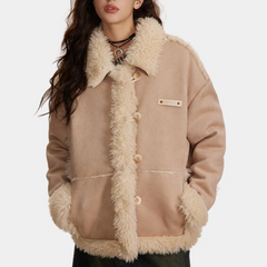 Beige buttoned jacket with cream-white fluff trim