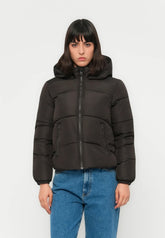 Black puffer jacket with hood and zip pockets